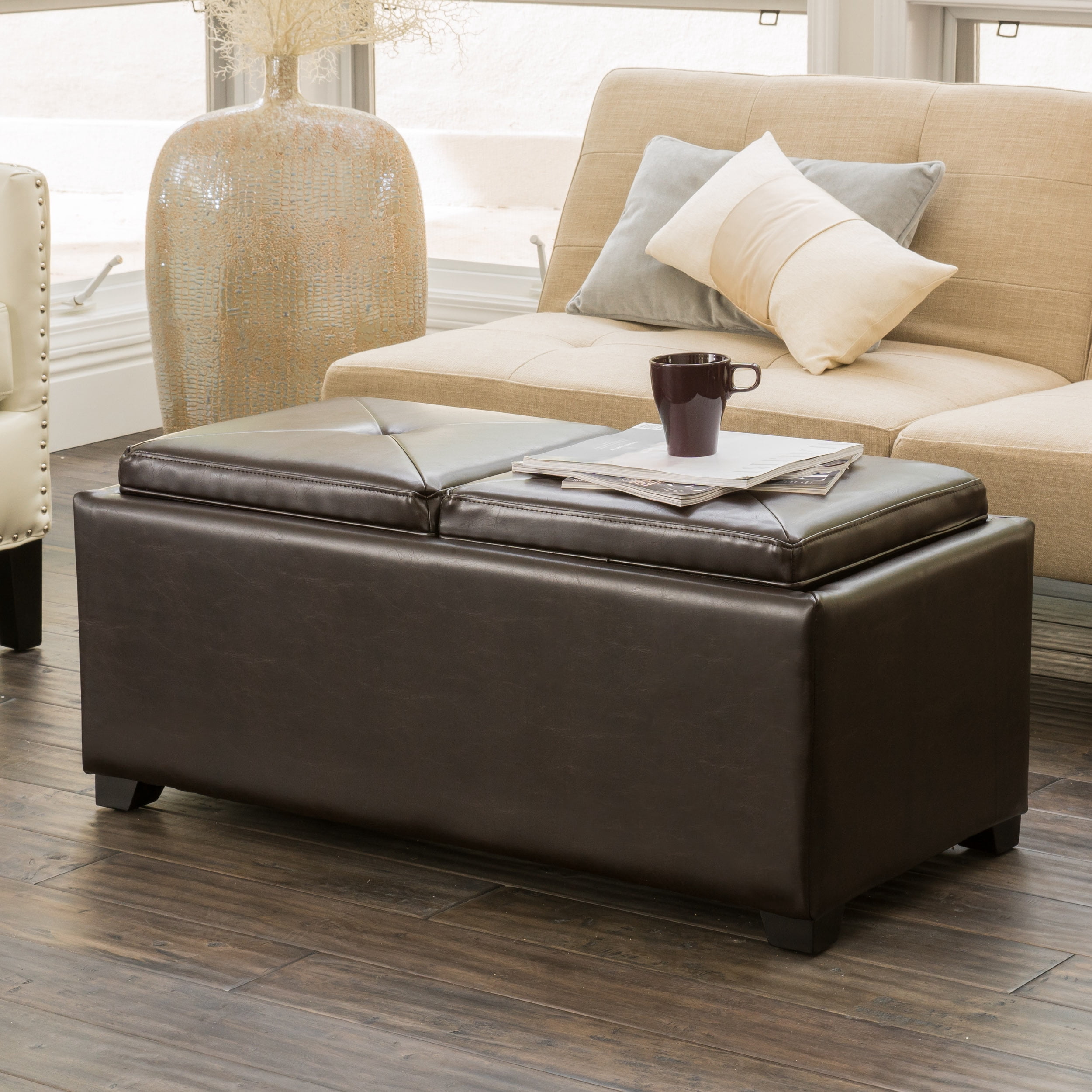 Noble House Franklin Rectangular Faux Leather Storage Ottoman, Brown