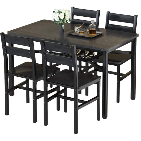 Dining Table Set for 4, Wood Kitchen Table Chairs Set with Storage, Farmhouse 5 Piece Dining Room Table Set, Space-Saving Dinette Set for Breakfast Nook, Apartment (Black)