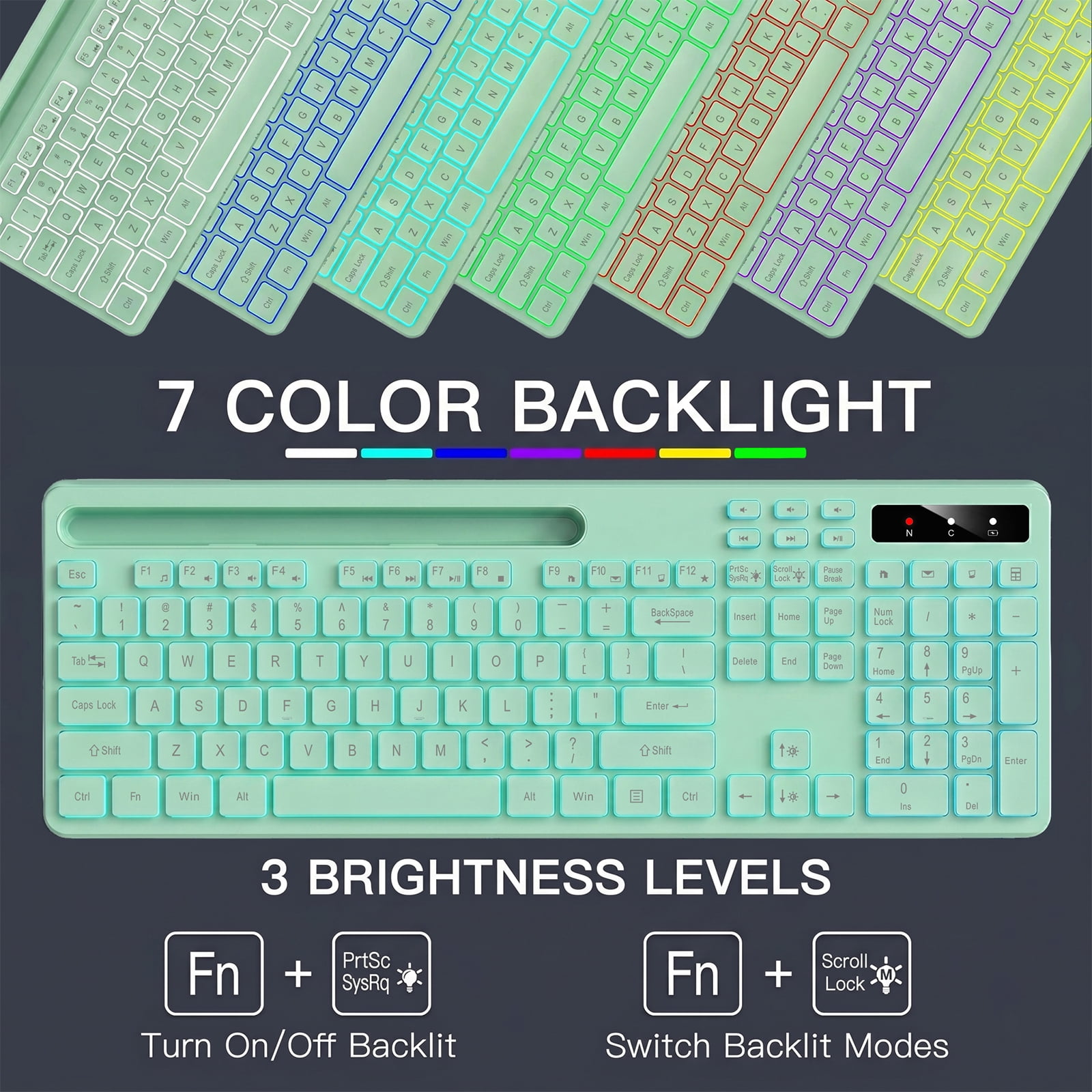 Wireless Keyboard with 7 Color RGB Backlit, Marvo Computer Keyboard with Phone Tablet Holder, Rechargeable 2.4G Wireless Gaming Keyboard with Light Up Keys, Compatible with Mac,Window, Green