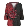 thumbnail image 5 of Ounisa Women's Tops Floral Stripe Print 3/4 Length Sleeve Pleated Front V Neck Button Tunic T Shirts, 5 of 5