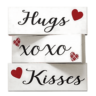 Jennygems Valentine's Day Decoration, Hugs Kisses Sign Decor Gift, 3 Piece Mini Wood Block Set, 5.5" x 2", Black & Red