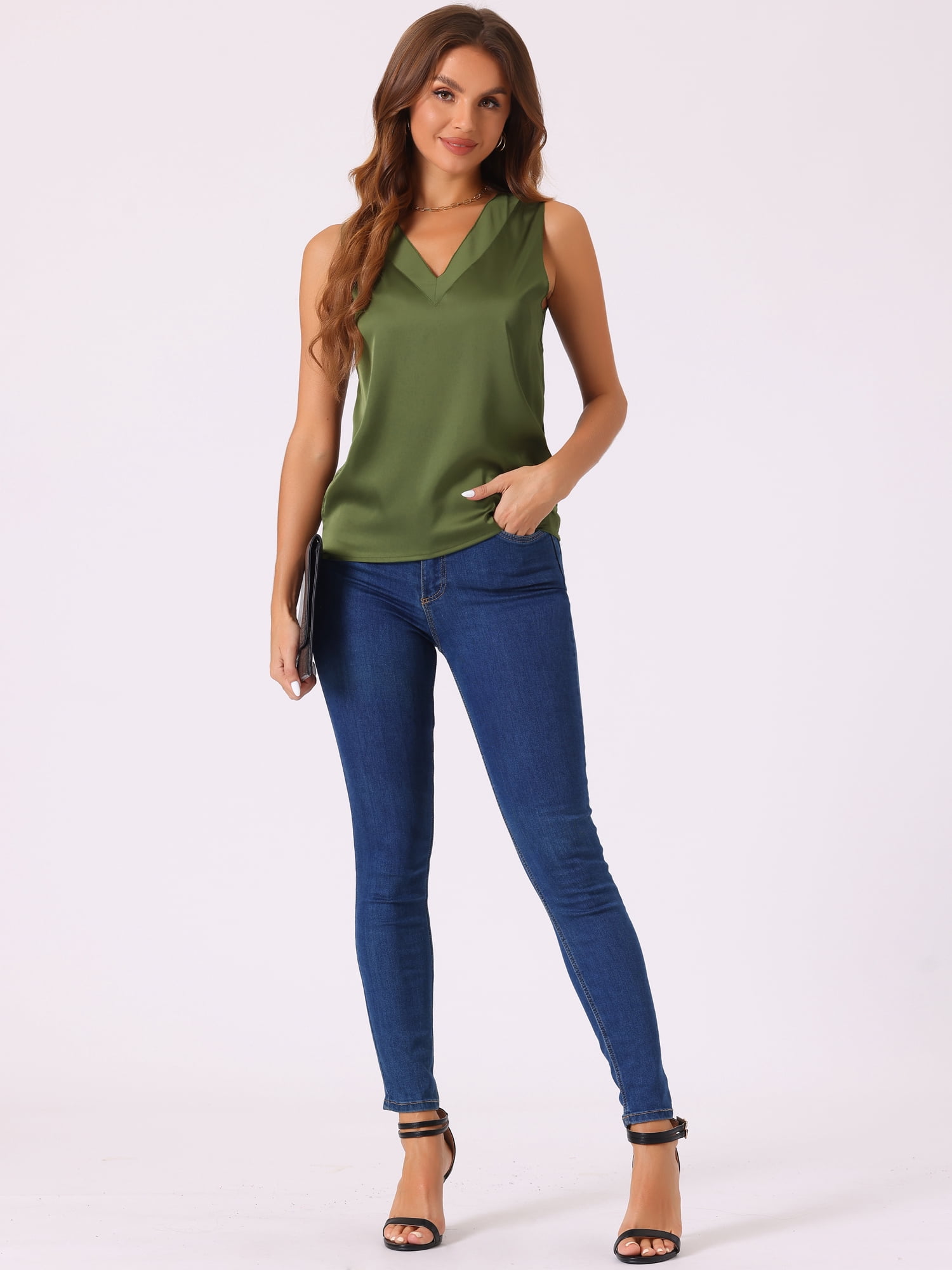 DARING DIVA Women's Silky Satin Mesh V Neck Sleeveless Blouses Tank Shirt S Green