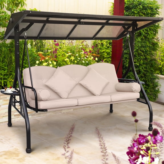 NOBLEMOOD 3 Seat Outdoor Porch Swing with Polycarbonate Hardtop, Convertible Backrest, Cup Holders, Cushions & Pillows