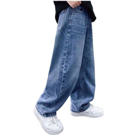 QBABYOO Boys Casual Baggy Denim Pants with Pockets Black Jeans For Boys Teen Boys Straight Wide Leg Denim Pants, Light Blue 9-10Y