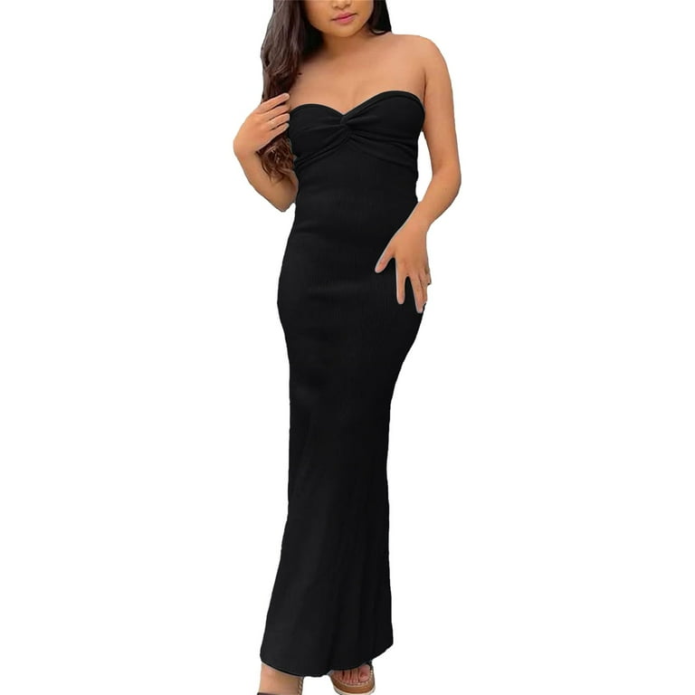 Womens Dresses Casual Summer Sexy Front Strapless Knit Bodycon Dress Sweetheart Backless Slit Bandeau Tube Maxi Dress Black Dress Walmart