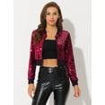 thumbnail image 2 of INSPIRE CHIC Women's Sequin Sparkle Open Front Cardigan Coat Zipper Cropped Bomber Jacket Rose Red XS, 2 of 5