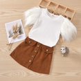 thumbnail image 2 of Filles Ensemble Ensemble Solide Plume Manches Col Rond T-Shirt Décontracté A-Line Jupe Courte Costume, 2 of 7