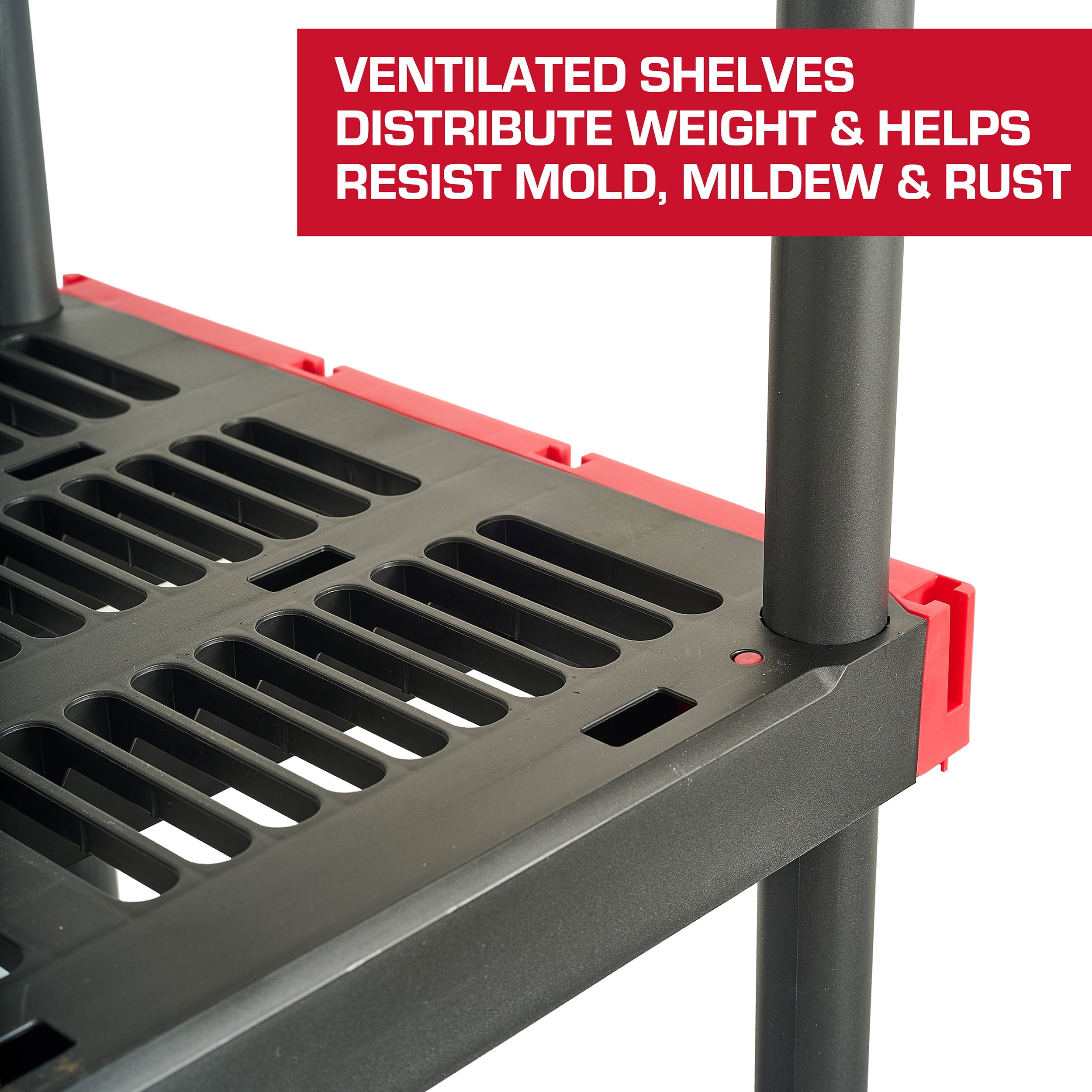 Hyper Tough 5 Shelf Plastic Storage Shelf, 48" W x 20" D x 72" H, Holds up to 1000 lb Total Capacity, Black and Red