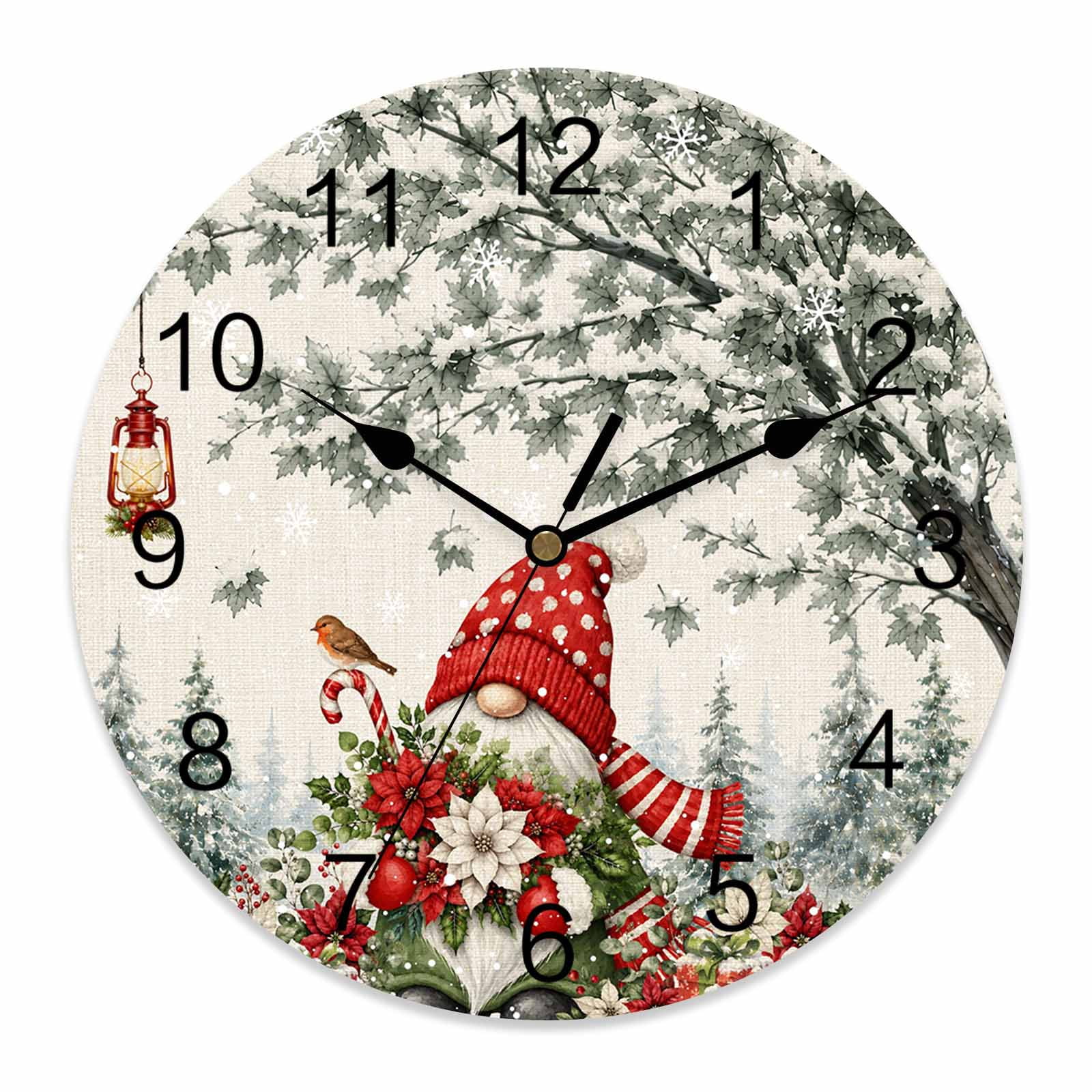 14 Inch Christmas Gnome Wall Clock, Red Polka Dot Hat Scarf Snowman Snow Tree Rustic Battery Operated Silent Non Ticking Clocks, Easy to Read Round Wall Clock for Kitchen/Living Room/Bedroom/Bathroom