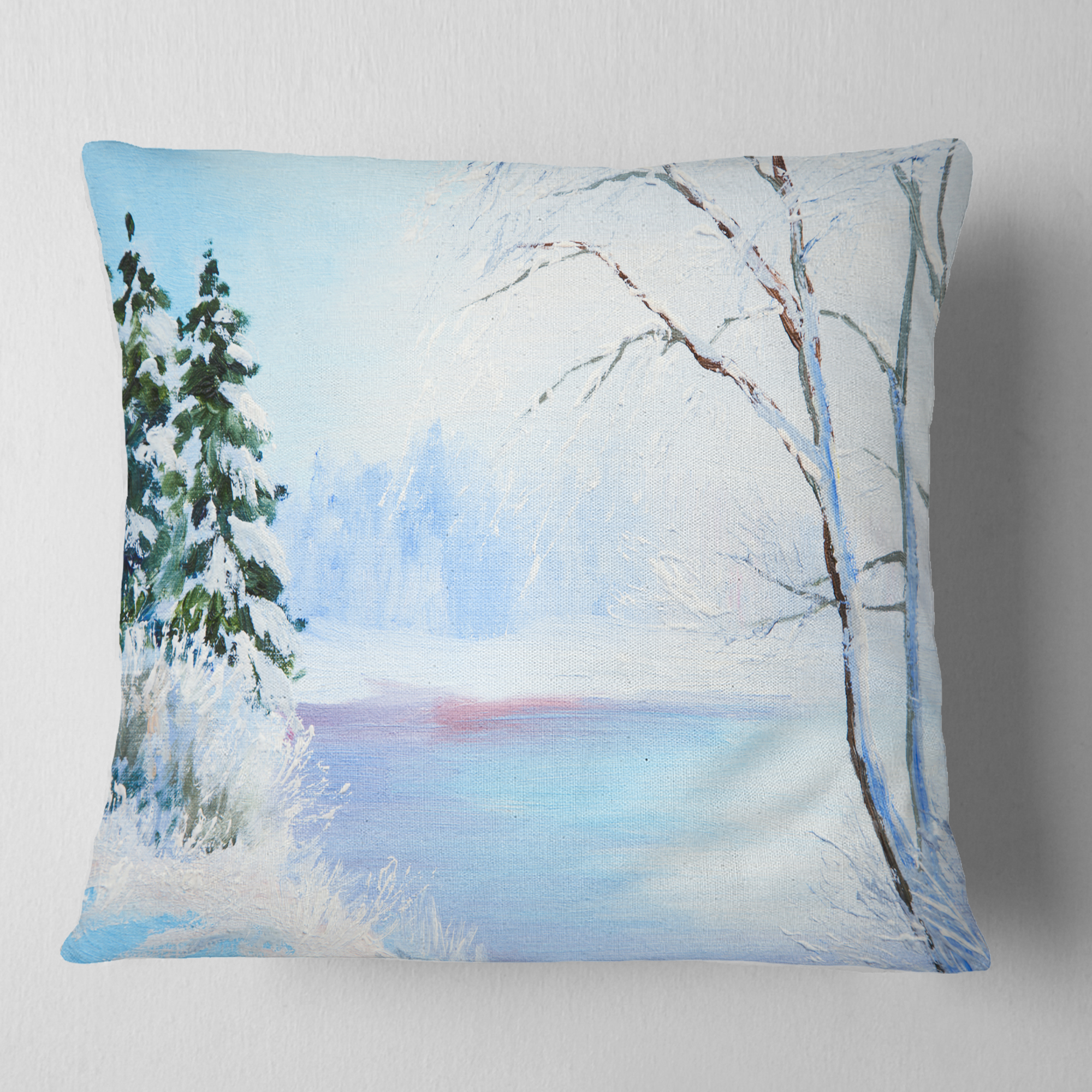 Designart Frozen River Oil Painting - Landscape Painting Throw Pillow - 18x18