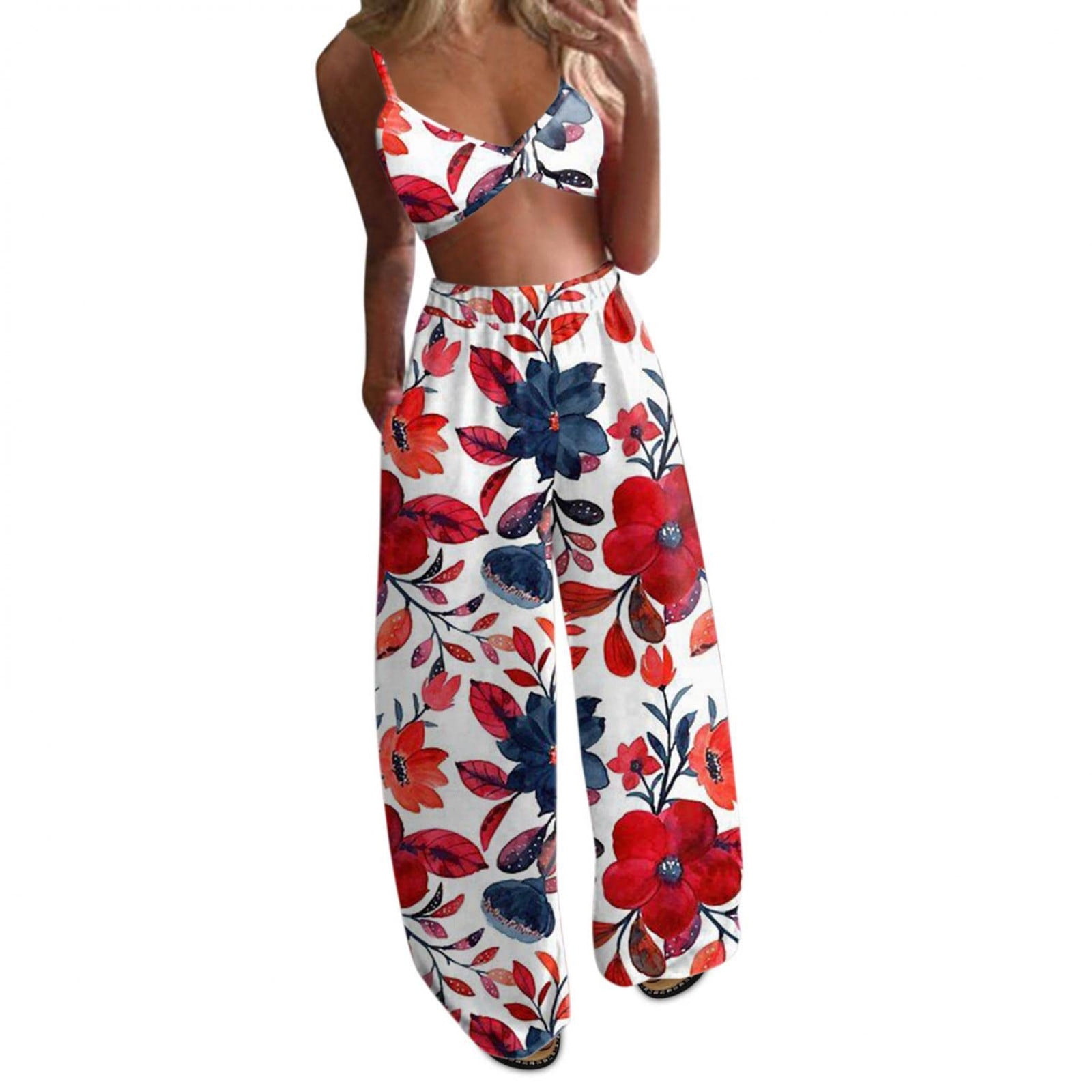 YWDJ Two Piece Outfits for Women Summer Bohemian Floral Print Crop  Tops+Pants Wide Leg 2 Piece Set Red XXL