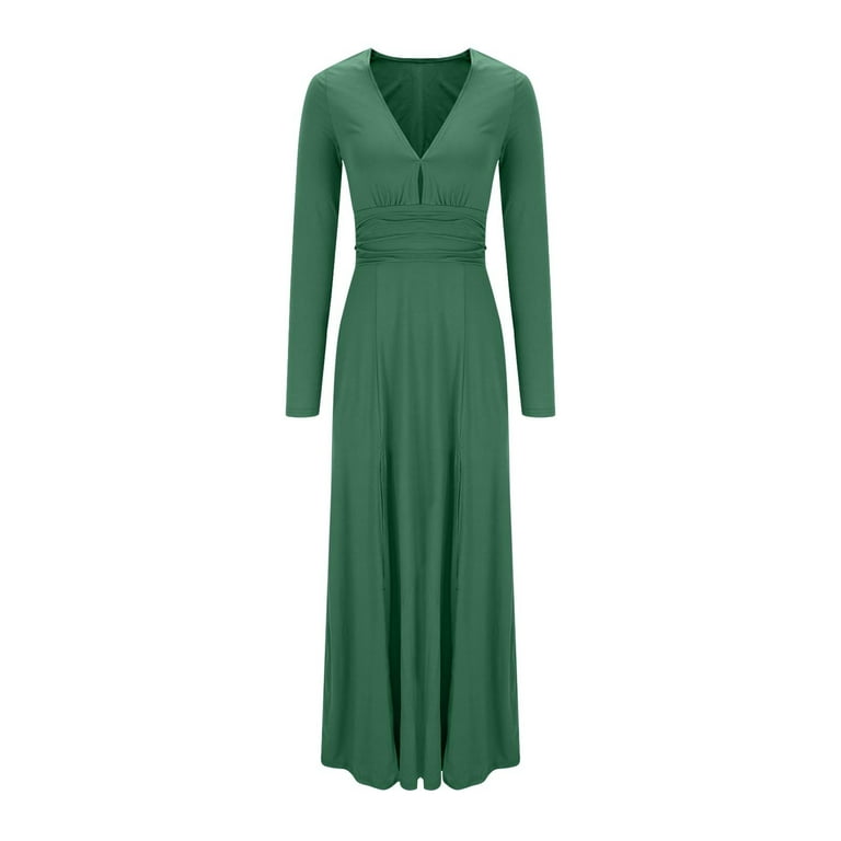 LYEAA Dresses for Women Party Elegant Long Sleeve V Neck Maxi Dress Flowy Dress Slit Solid Color High Elastic Waist Evening Gown Cocktail Dress Holiday Club Dress Ruched Modest Dress Green XL - LYEAA Dresses for Women Party Elegant Long Sleeve V Neck Maxi Dress Flowy Dress Slit Solid Color High Elastic Waist Evening Gown Cocktail Dress Holiday Club Dress Ruched Modest Dress Green XL -