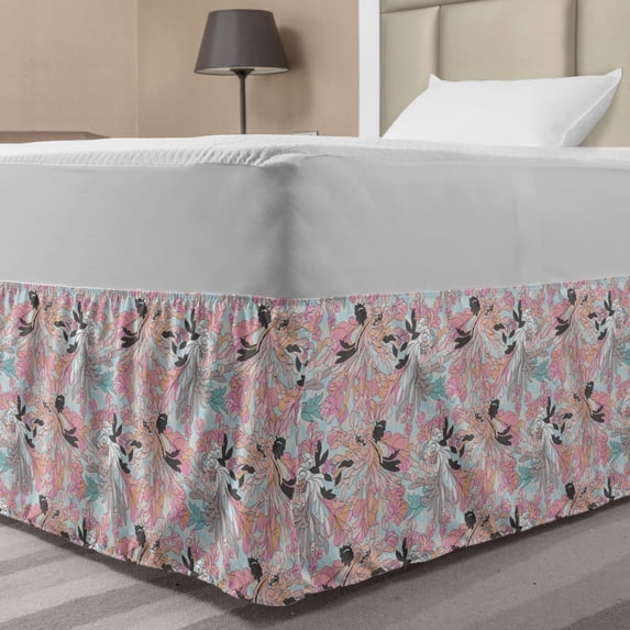 Floral Bed Skirt, Composition of Aster Flowers on a Pale Blue Background, Elastic Bedskirt Dust Ruffle Wrap Around for Bedding Decor, 4 Sizes, Blue Grey Pink, by Ambesonne