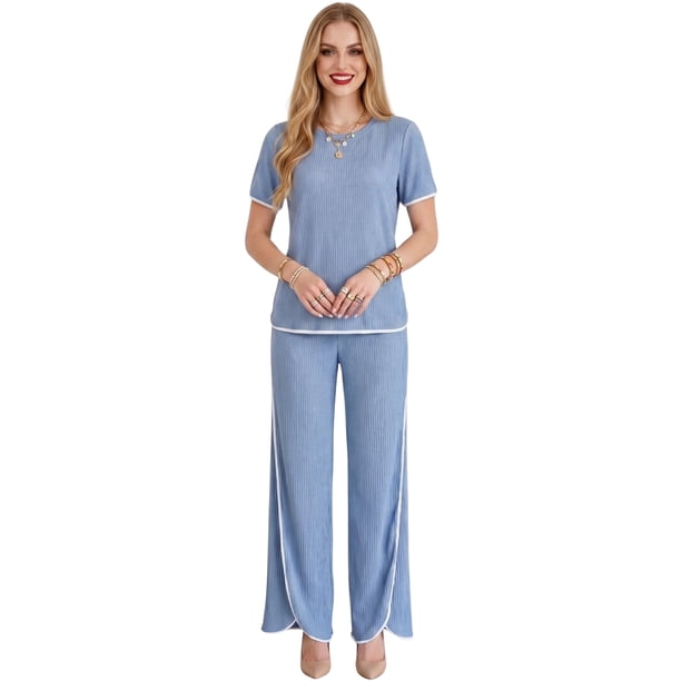 Conjunto 2 Piezas, Blusa Manga Corta y Pantalón Recto con Abertura, Estilo Elegante y Moderno para Mujer