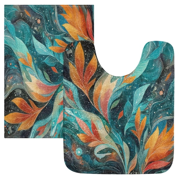 2 Piece Bath Mat Set with U-Shaped Toilet Mat and Rectangle Bath Rugs Non Slip Machine Washable Bathroom Mats Abstract Leaves