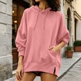 thumbnail image 2 of DYTTDG Women's Solid Color Drawstring Hoodie, Long Sleeve Loose Casual Pullover With Kangaroo Pocket Side Slit Hem for Daily Wear, 2 of 7