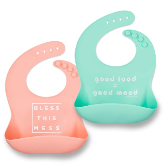 Simka Rose Silicone Baby Bib Set with Food Catcher, Waterproof Adjustable Toddler Bibs, Peach/Black