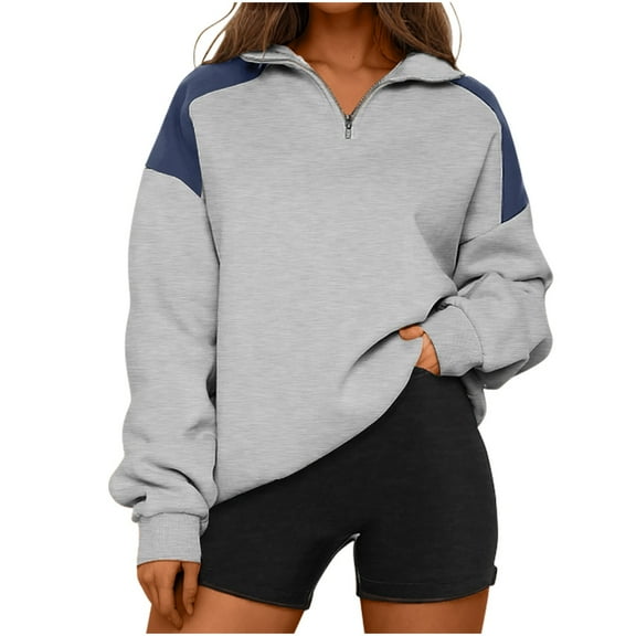 UYISJ Quarter Zip Sweatshirts For Women Fall Fashion Long Sleeve Color Block Casual Y2k Activewear Pullover Tops Blue XL
