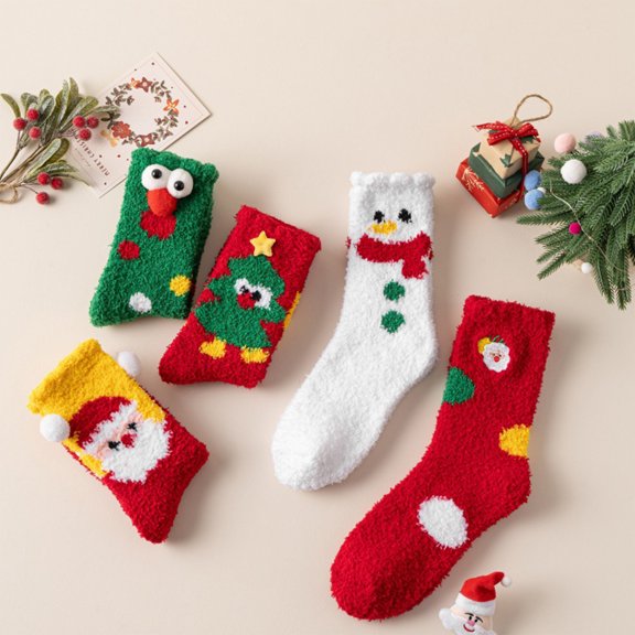 Unisex 3D Cartoon Christmas Tree Fuzzy Mid‑Calf Coral Fleece Socks for Men Women, Plush Festive Pattern Warm Thermal Socks