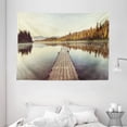 thumbnail image 1 of Fall Decor Tapestry, Wooden Pier on Lake Serene Morning in Woods Fishing Misty Recreational Image, Wall Hanging for Bedroom Living Room Dorm Decor, 80W X 60L Inches, Multicolor, by Ambesonne, 1 of 2