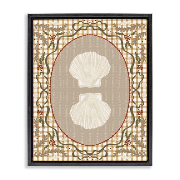 Stupell Industries Farmhouse Vintage Shells on Gingham Black Floating Frame Canvas Art, 17 x 21, by Vero Illustrates