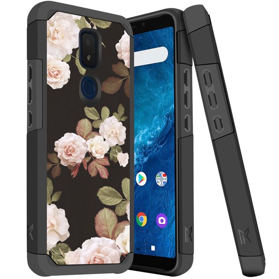 ANJ  Slim Dual Layer Hybrid Shockproof Case   Tempered Glass Cover for Cricket Icon 3, Splendor, AT&T Motivate 2 - Vintage Pink Roses