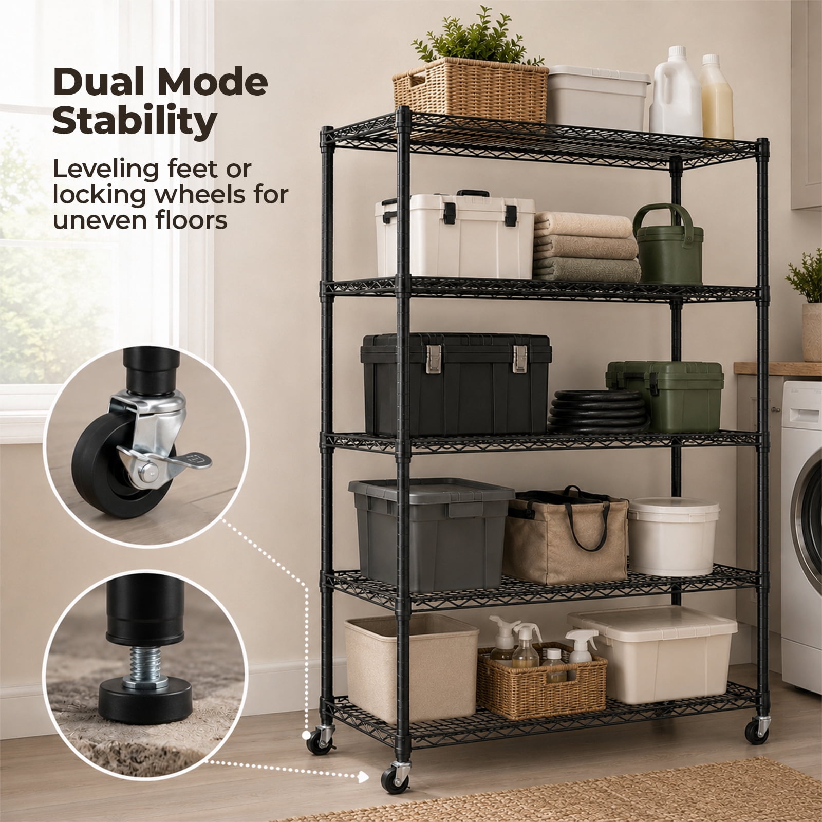 Alvantor 3/4/5 Tier Heavy Duty Adjustable Metal Shelf with Wheels, No-Tool Assembly, Suitable for Garages, Kitchens, Storage Rooms, Laundry Rooms and Offices