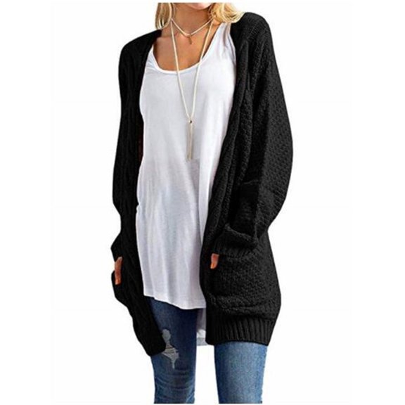 Autumn Winter Open Front Women Long Sleeve Knit Cardigan with Pocket