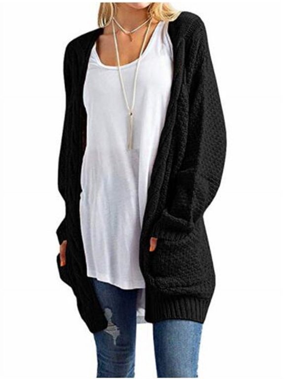 NGMQ Autumn Winter Open Front Women Long Sleeve Knit Cardigan with Pocket