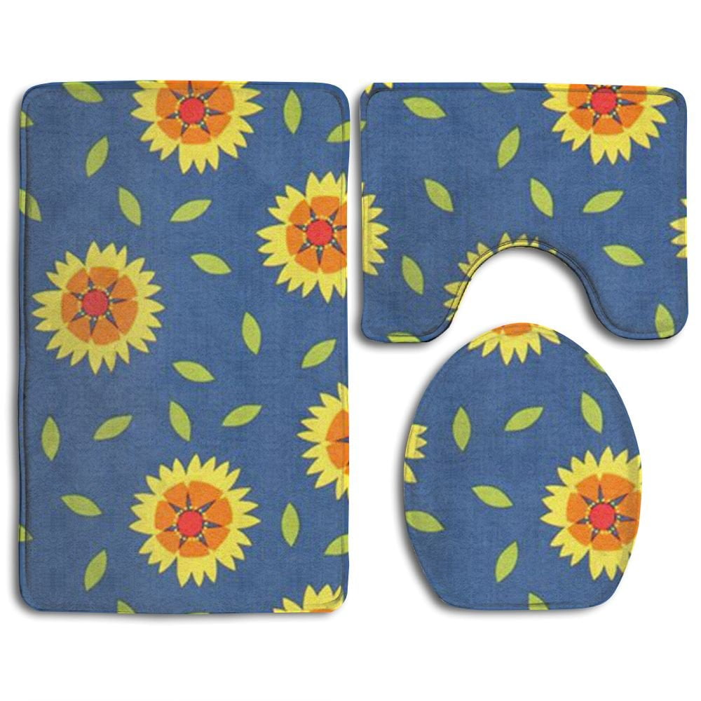 GOHAO Blue Sunflower 3 Piece Bathroom Rugs Set Bath Rug Contour Mat and