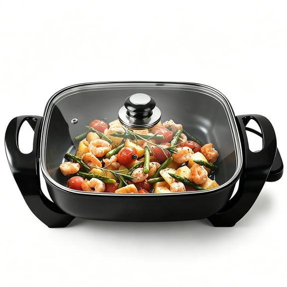 12 Inch Electric Frying Pan, 1500W Adjustable Temperature Electric Skillet, Non-Stick Coating Heat Resistant Handle Multifunctional Cooking Pot Black