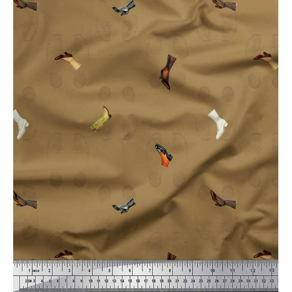 Soimoi Brown Cotton Voile Fabric Footprint & Shoes Fashion Print Fabric by the Yard 42 Inch Wide