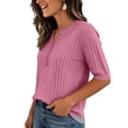 thumbnail image 4 of Garbnen Ribbed T Shirts for Women Knitted V Neck Button Women's Half Sleeve Tops Fitted Spring Stretch Basic Women's Tunic Sweater L, 4 of 5