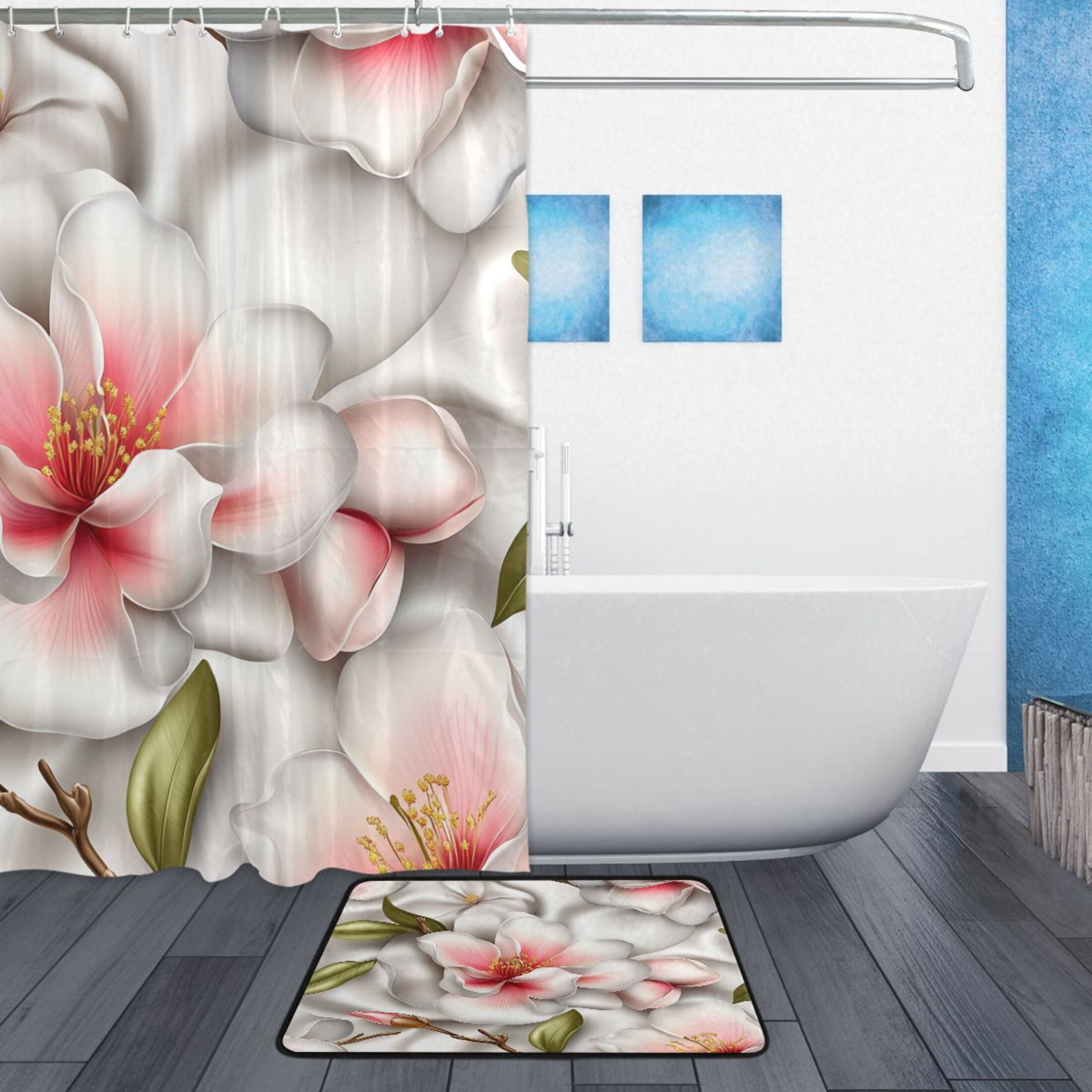 Botanical Garden Design Bathroom Accessory Sets Waterproof Shower Curtain with Anti-Slip Bath Mat Durable Combo