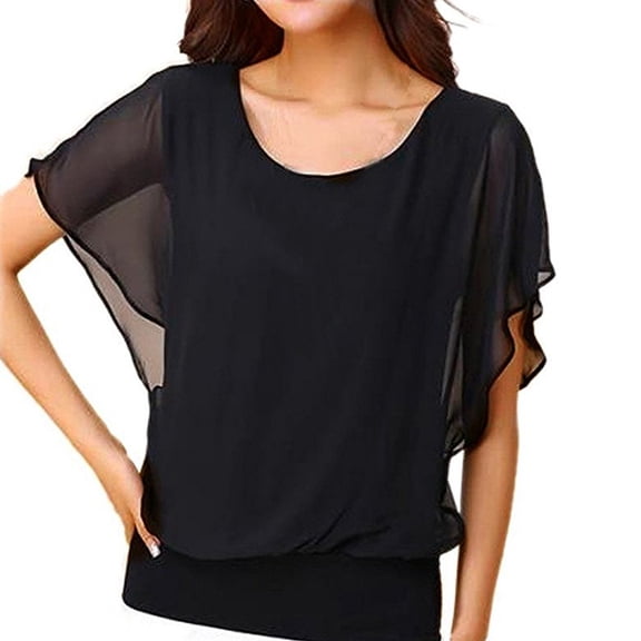 Delconic Womens Loose Fit Chiffon Blouse Short Sleeve Batwing Top Scoop Neck Lightweight Layered Shirt for Casual Wear Black L