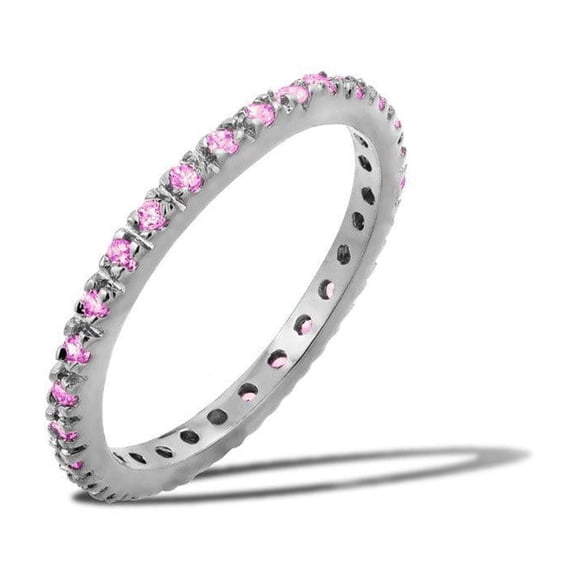 Rhodium Plated 925 Sterling Silver Eternity Ring October Band Pink CZ Jewelry Female Size 3