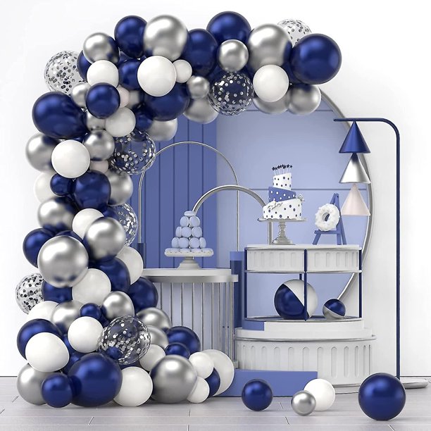 Kit de arco de globos de confeti azul marino plateado y blanco, 120 piezas 12 pulgadas Kit de arcos de guirnalda de látex de 10 pulgadas y 5 pulgadas para graduación, cumpleaños, boda, anive