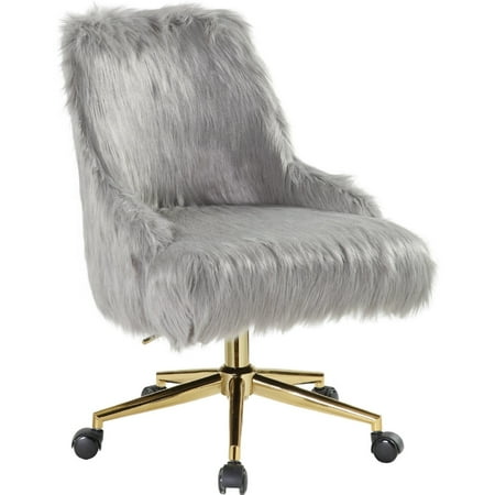 UPC: 0192551789487 | Swivel Office Chair with Faux Fur Fabric  Gray and Gold- Saltoro Sherpi