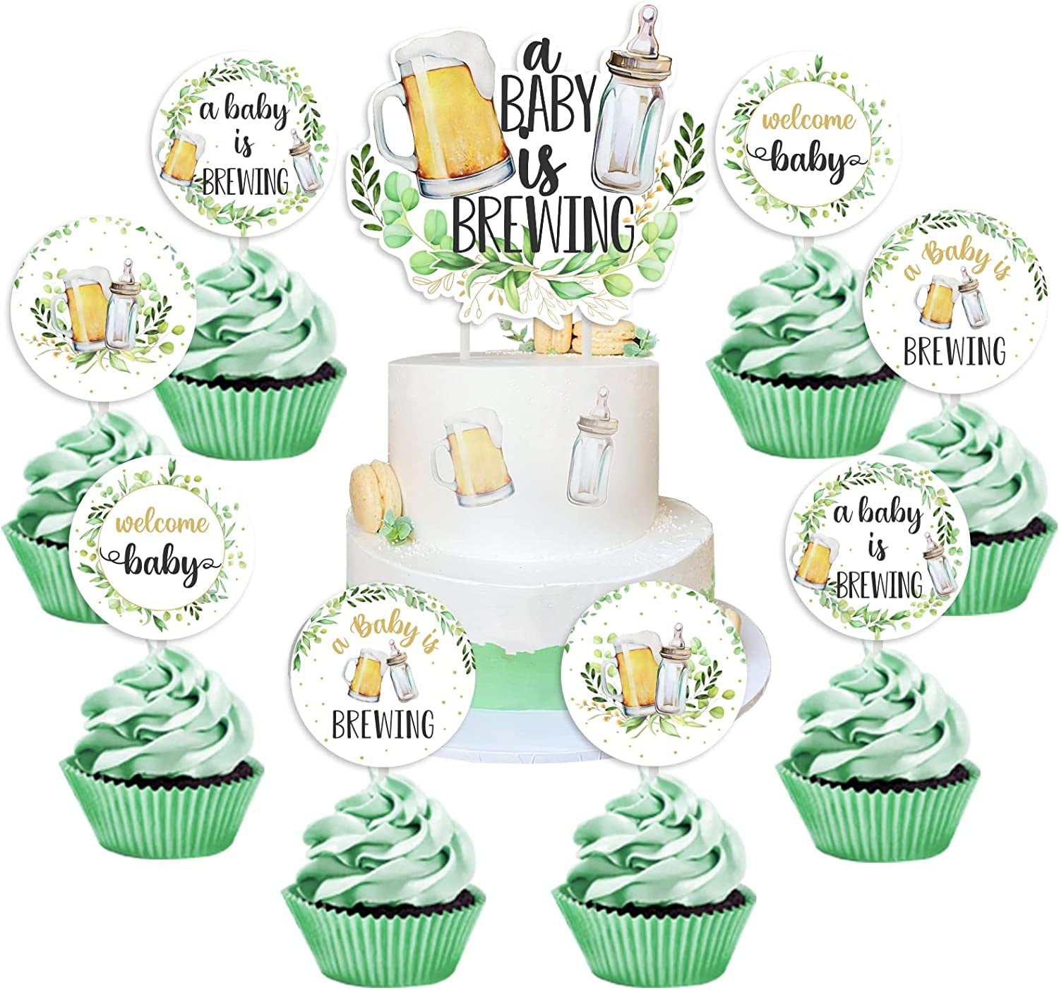 25Pcs Baby Shower Cake Decorations Green, A Baby Is Brewing Cake Topper