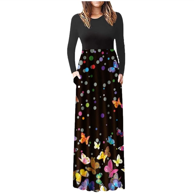 Vestido largo hasta el suelo con estampado de mariposa de manga larga con cuello redondo y empalme de moda informal para mujer Fridja nbo1293
