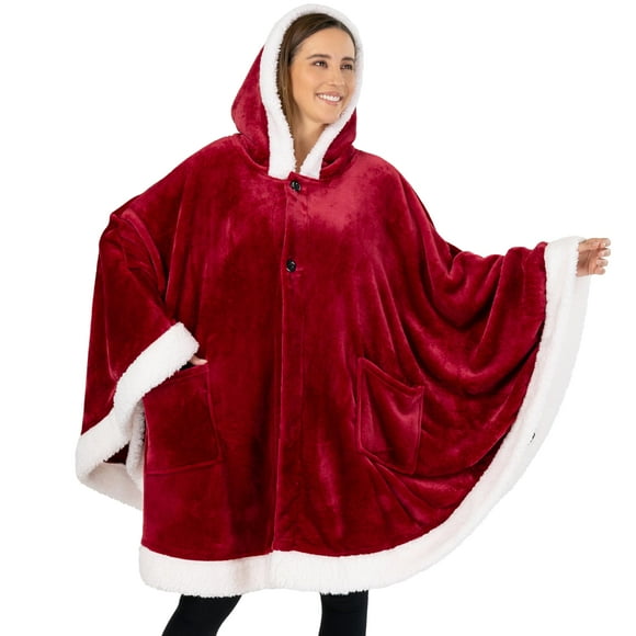PAVILIA Angel Wrap Hooded Blanket | Throw Poncho Wrap with Soft Sherpa Fleece | Plush Warm Wearable Blanket with Pockets for Women Gift (Wine)