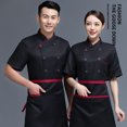 thumbnail image 4 of Chef Uniform Short Sleeve Kitchen Apron Double-breasted Suits Comfortable Stitching Shirts for Men Simple Style for Coffee Bar Black L, 4 of 6