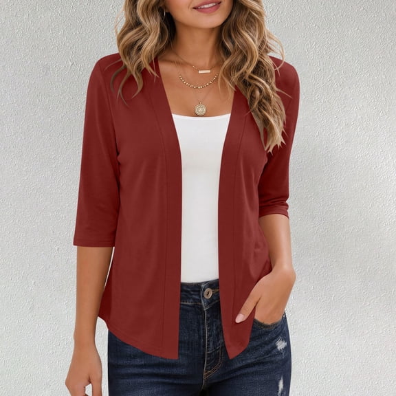Yrmaups Loose Fit 3/4 Sleeve Blazer Cardigan for Women, Casual Open Front Solid CoverUp, Soft Knit Top for Office Travel Daily Wear Layering, Red S