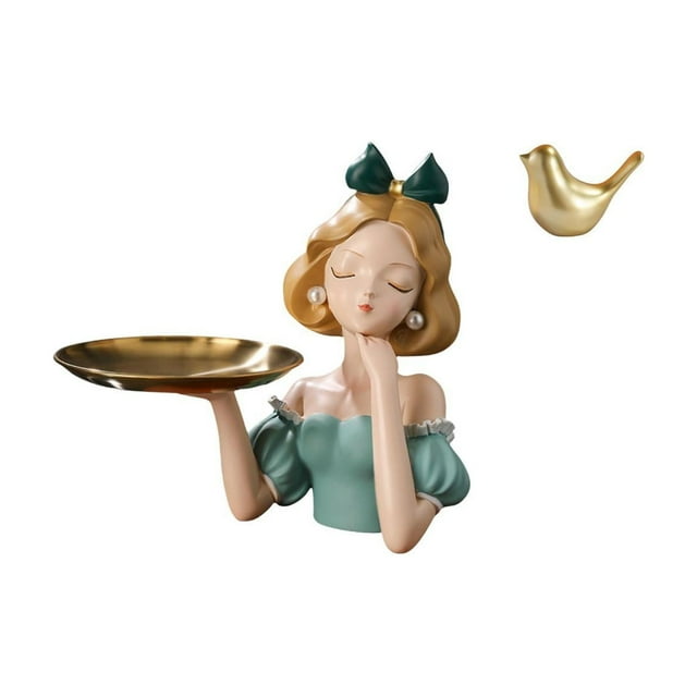 Bandeja porta llaves,Bandeja para guardar llaves y dulces con figura de niña de resina,Figura de pájaros,Figura de pájaro dorado,decoración del hogar,estatua de animal,Estatuas decorativas