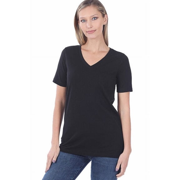 Zenana Plain Short Sleeve T Shirt V-Neck Top Stretch Cotton Tee Women Loose Fit