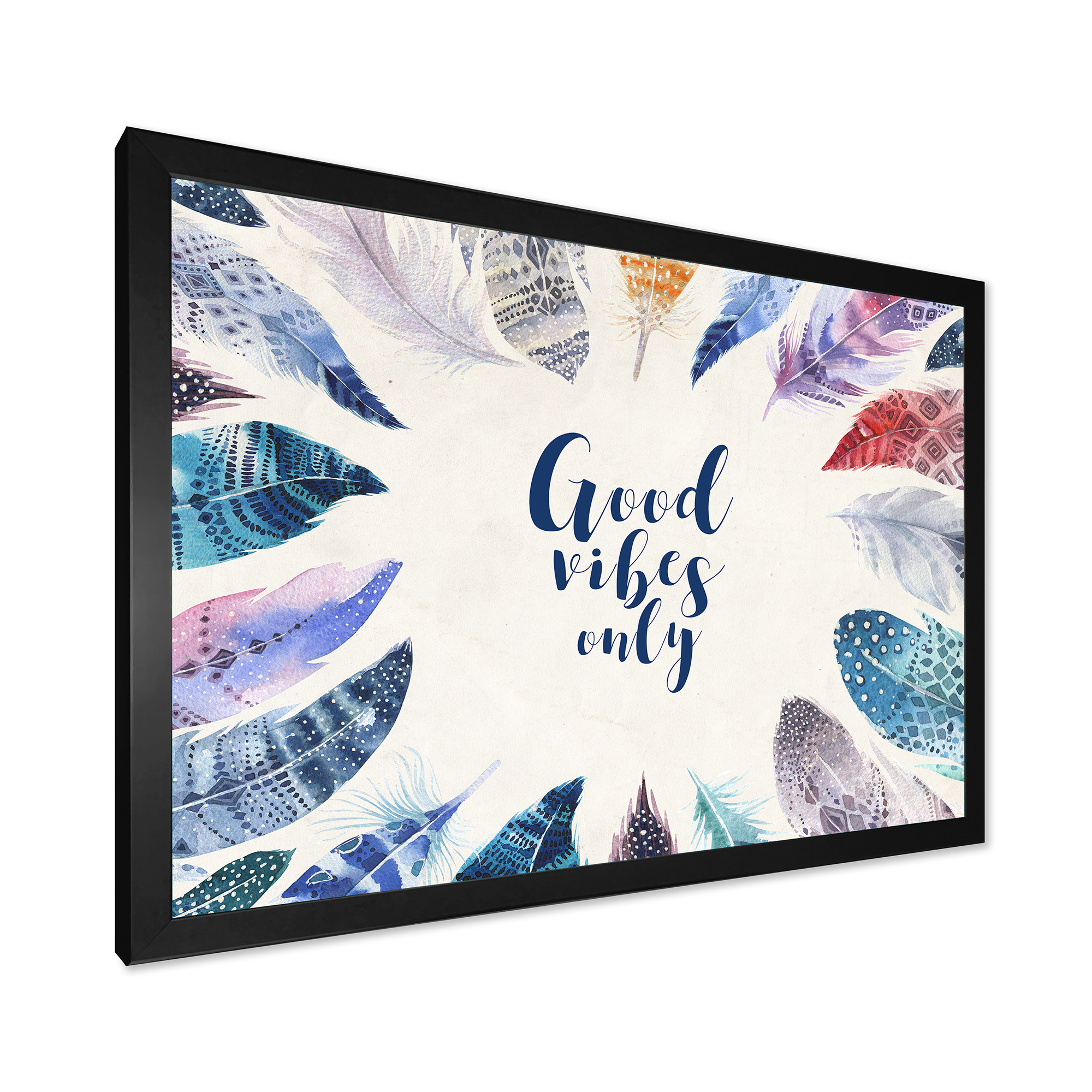 Designart 'Good VIbes Only Under Vibrant Blue Feathers' Bohemian & Eclectic Framed Art Print