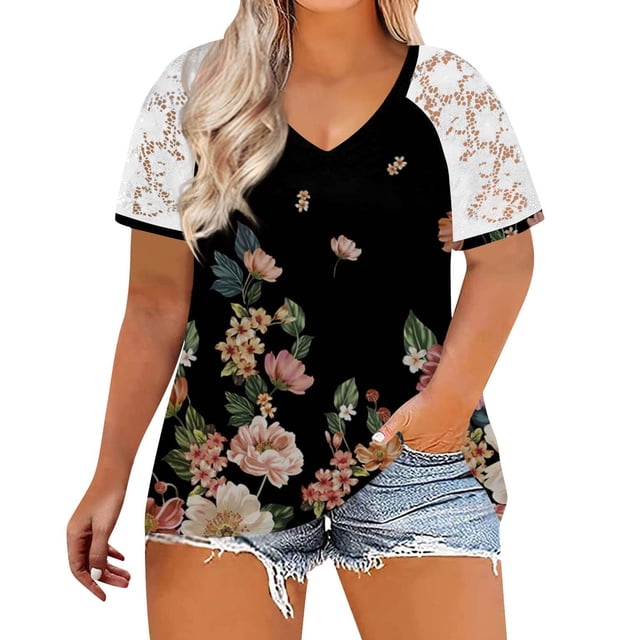 Hauts d'Été Grande Taille pour Femmes Manches Courtes en Dentelle Blouses d'Été Patchwork Imprimé Amples Grande Taille Col en V T-Shirts Manches Courtes Col en V Femmes en Solde