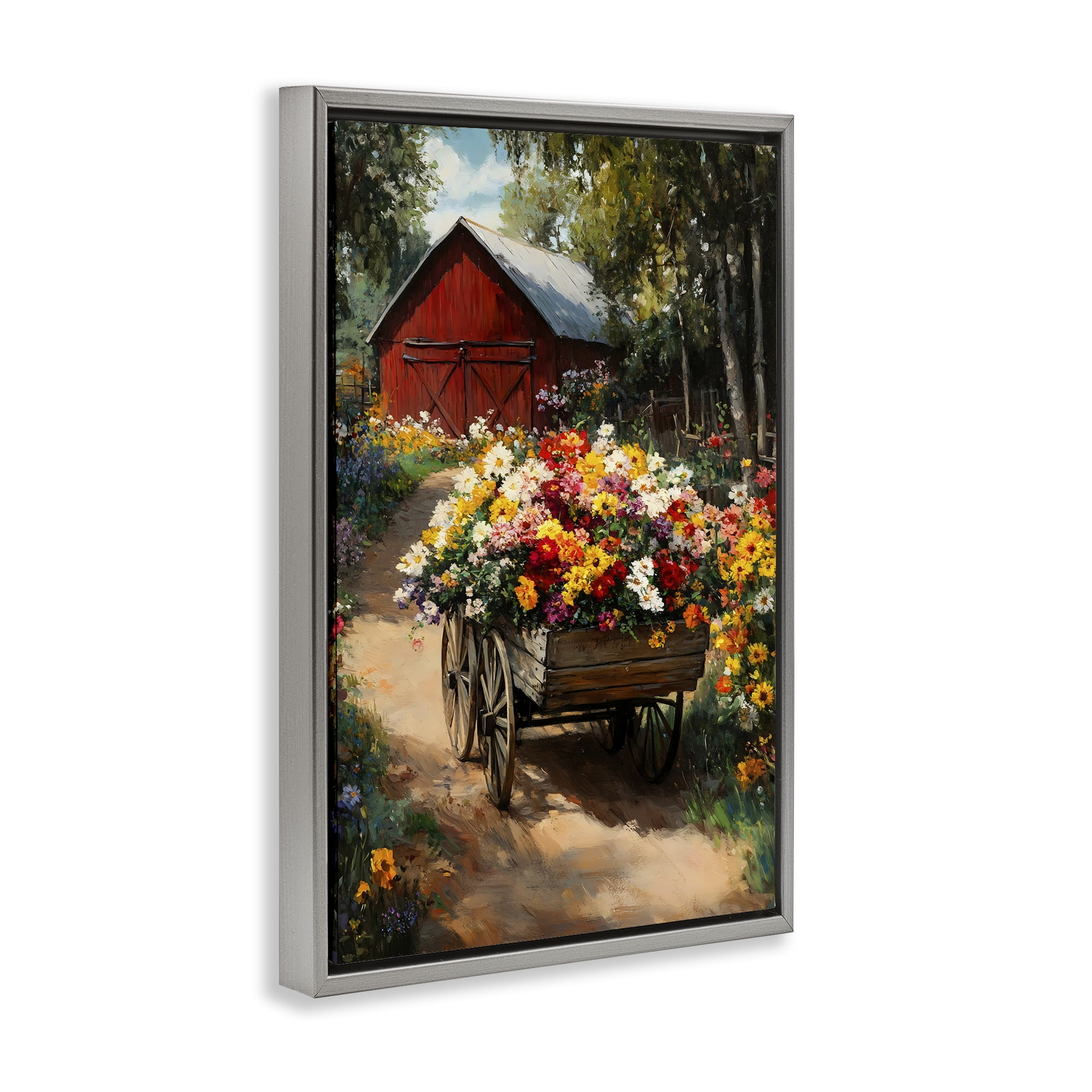 Stupell Industries Floral Wagon in Summer Garden Gray Framed Floater Canvas Wall Art, design by Franklyn Gregory