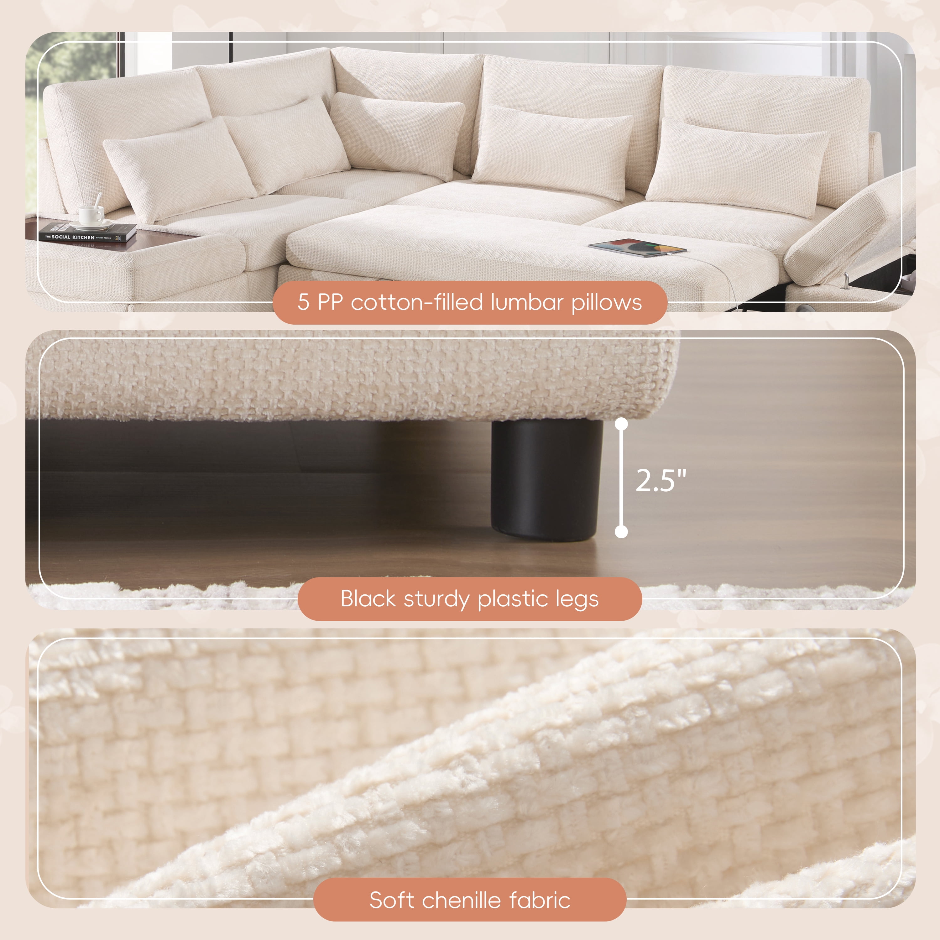 Howcool 107" Sleeper Sectional Sofa with Pull Out Bed, Modular L-Shaped 6-Seater Chenille Couch, Storage Chaise, Adjustable Armrests, USB & Type-C Charging for Living Room Apartment,Beige