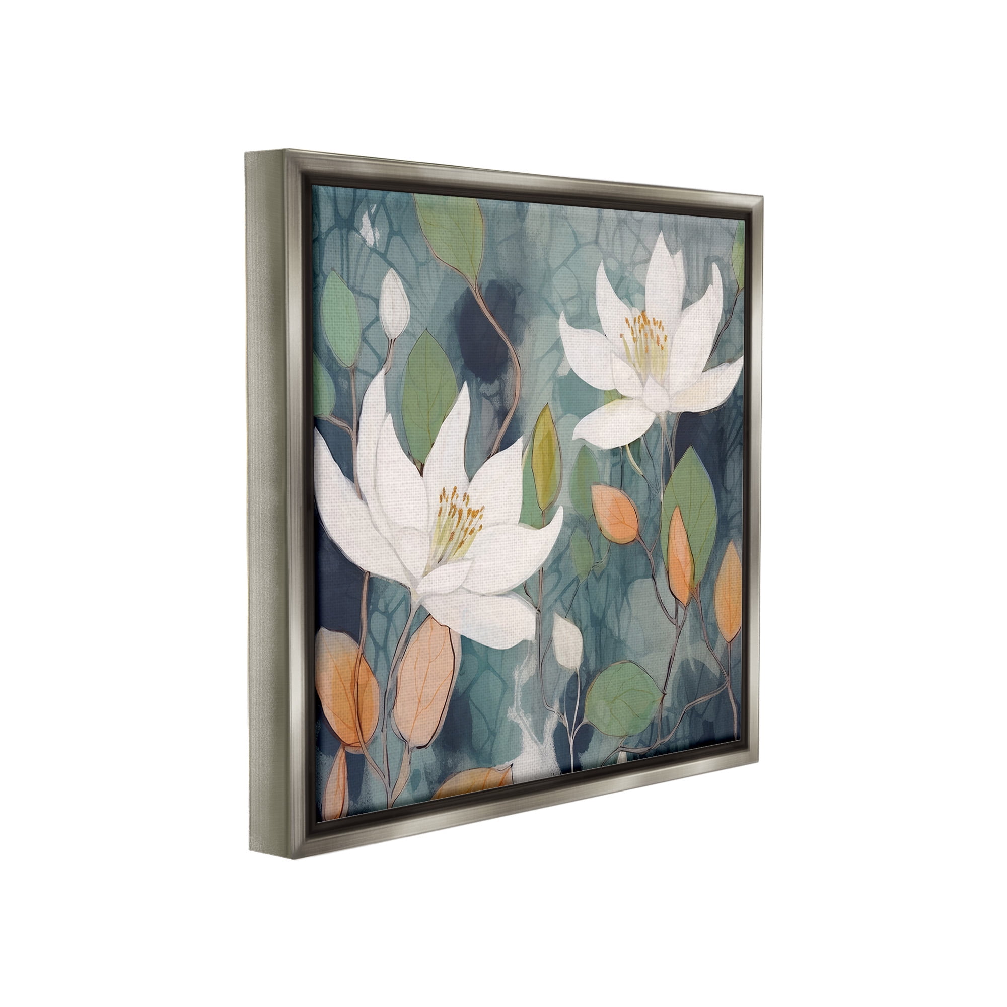 Stupell Industries Lilies on Geometric Pattern Botanical & Floral Painting Gray Floater Framed Canvas Art Print Wall Art, 18 x 18